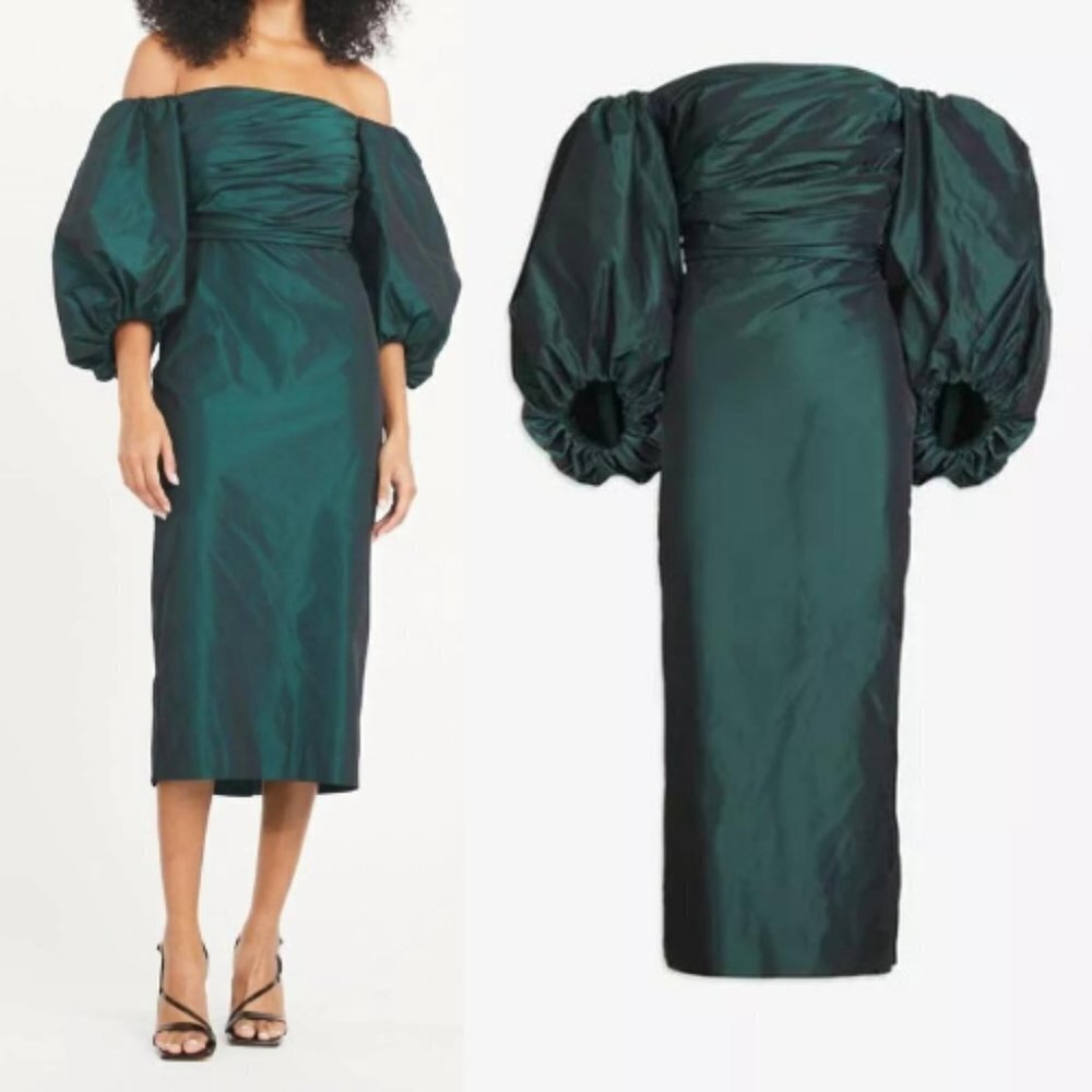 New! Tanya Taylor Charlotte puff sleeve off the shoulder midi Dress 30448 - Picture 3 of 12